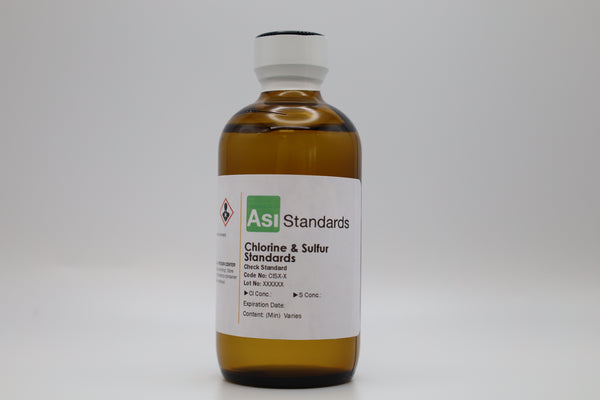 Estándares de calibración de cloro y azufre en aceites usados, 10 estándares por juego. Concentraciones aleatorias @ Cl - 0,02-1,0 % en peso; S - 0-2,5% en peso