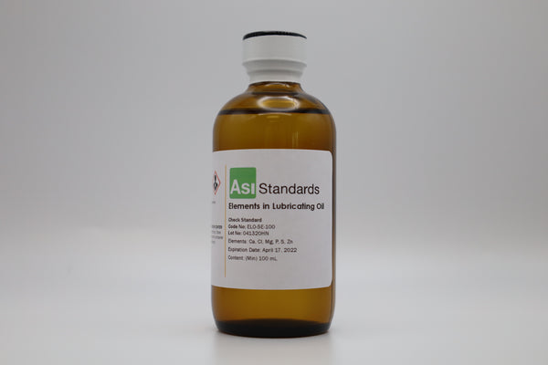 Elementos de los estándares de calibración de aceites lubricantes, 23 estándares por juego. Concentraciones aleatorizadas para Ba, Ca, Cl, Cu, Mg, P, S, Zn